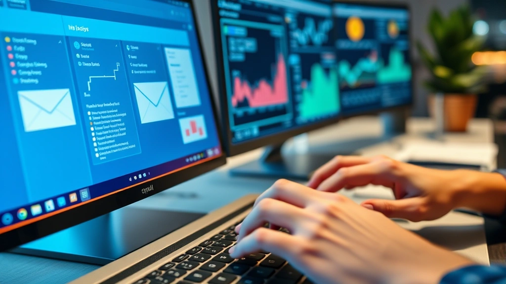 Hands typing on keyboard with email marketing interface and customer relationship management software visible on multiple screens, professional workspace, data visualization