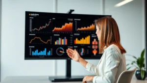 Professional woman analyzing digital marketing metrics on large monitor displaying graphs and influencer data dashboards in modern office environment