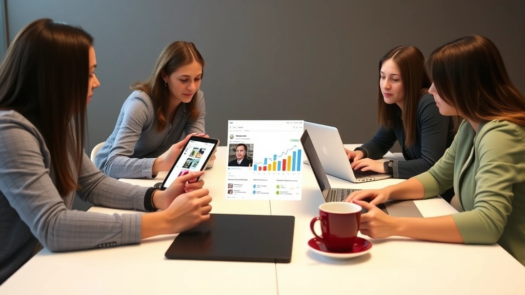 Team of marketing professionals in collaborative meeting reviewing influencer campaign performance on tablet and laptop screens with coffee cups