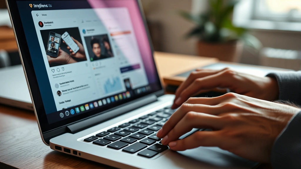 Close-up of hands typing on laptop keyboard with social media influencer profiles and engagement analytics visible on screen in soft office lighting