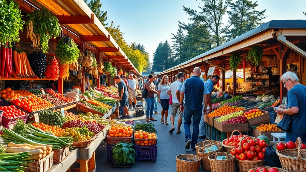 Vibrant outdoor farmers market with colorful produce displays, wooden vendor stalls, customers browsing fresh vegetables and fruits, morning sunlight, diverse shoppers selecting items, abundant seasonal produce baskets