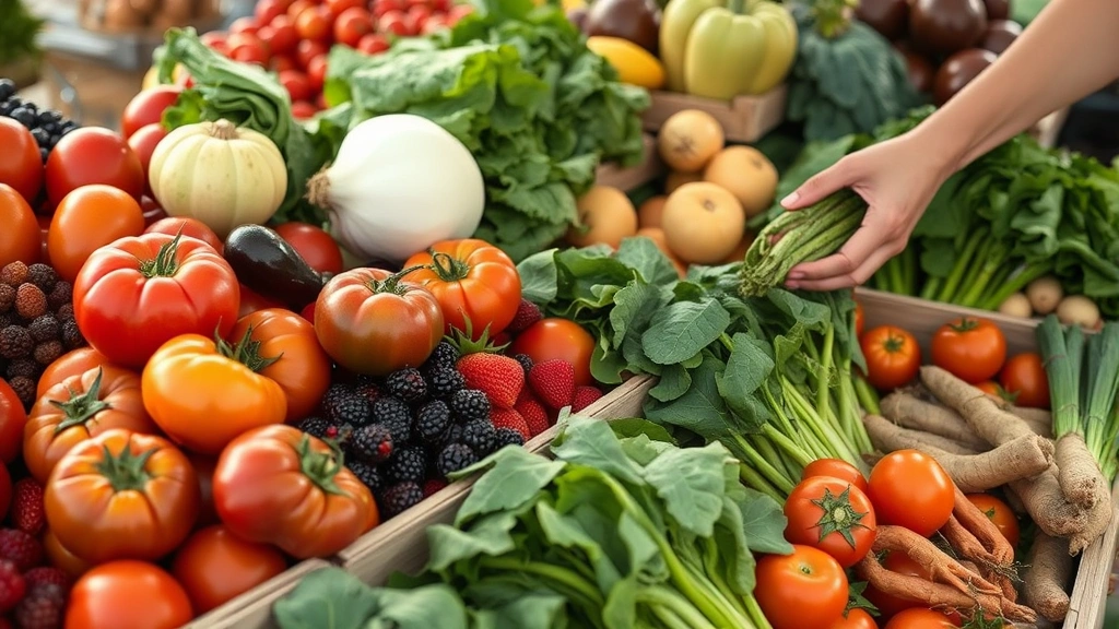 Close-up of fresh farmers market produce including heirloom tomatoes, berries, leafy greens, root vegetables arranged in wooden crates and baskets, morning dew on vegetables, hands selecting fresh items