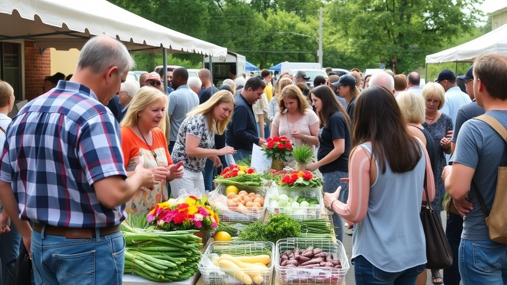 Community gathering at farmers market with customers interacting with farmers, vendor behind farm stand discussing products, diverse crowd shopping, flowers and prepared foods visible, authentic marketplace atmosphere, neighborhood setting