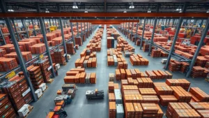 Aerial view of massive Alibaba warehouse facility with organized inventory, workers with scanning equipment, and organized shipping containers ready for international distribution