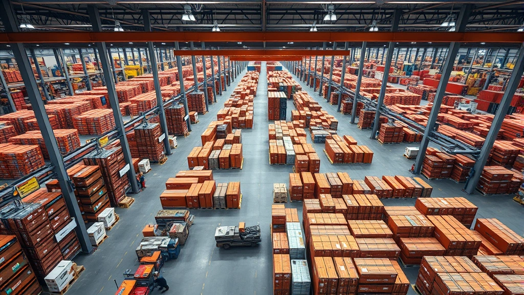 Aerial view of massive Alibaba warehouse facility with organized inventory, workers with scanning equipment, and organized shipping containers ready for international distribution