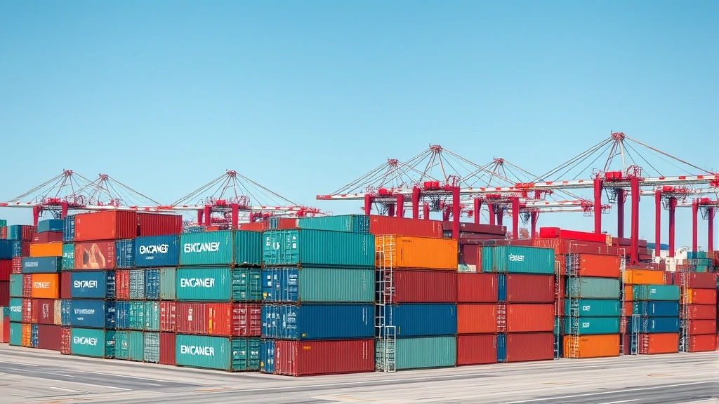 Global shipping containers stacked at international port terminal with cargo vessels, cranes, and logistics infrastructure visible under clear sky
