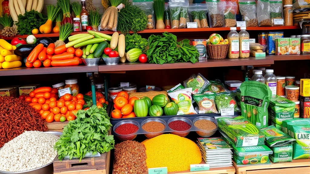 International food market display featuring fresh vegetables, spices in bulk, packaged goods, and products from diverse origins on wooden tables