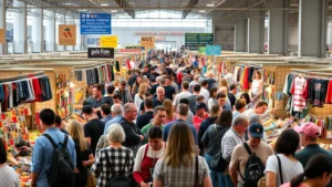Crowded flea market vendor booths with diverse merchandise displays, shoppers browsing items, organized retail sections with colorful inventory and signage in background