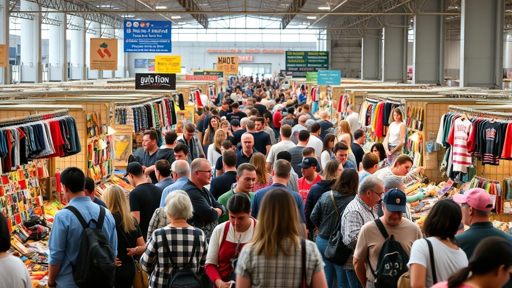 Crowded flea market vendor booths with diverse merchandise displays, shoppers browsing items, organized retail sections with colorful inventory and signage in background