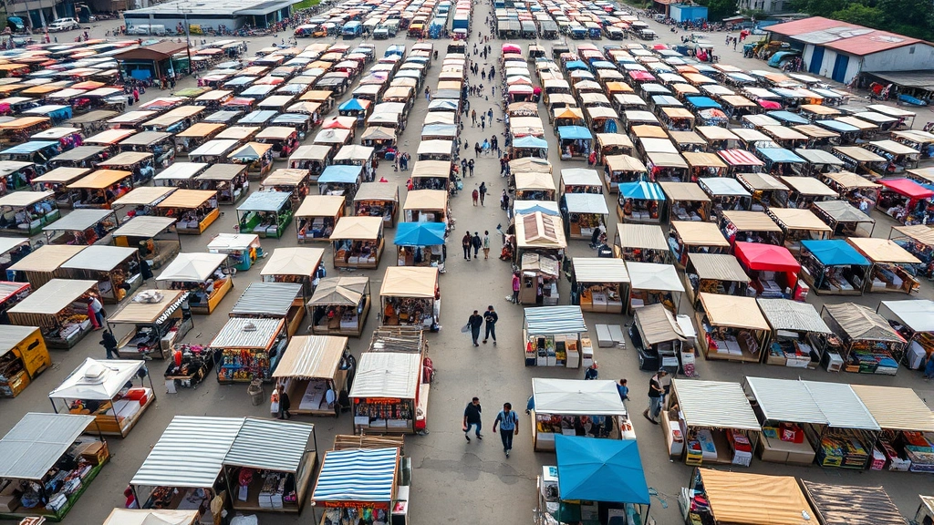 Aerial view of sprawling flea market with multiple vendor stalls, organized booth layout, shoppers walking between sections, outdoor marketplace setting