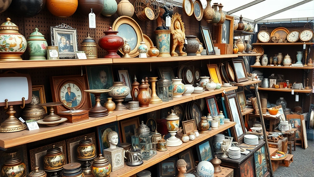 Close-up of vintage collectibles and antique items on flea market booth shelves, diverse merchandise arrangement, retail display setup with various price points