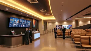 Modern movie theater lobby with contemporary ticket counter, digital signage displaying showtimes, and comfortable seating areas with patrons waiting in line, professional lighting, clean architecture