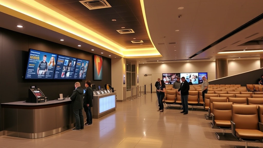 Modern movie theater lobby with contemporary ticket counter, digital signage displaying showtimes, and comfortable seating areas with patrons waiting in line, professional lighting, clean architecture