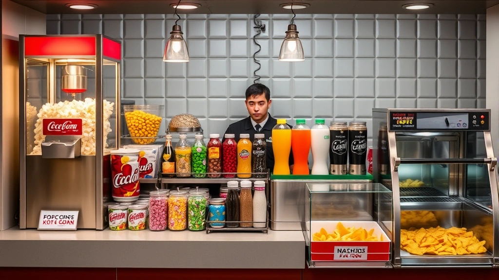 Concession stand display featuring popcorn machine, candy selections, beverage station with fountain drinks, and hot food warmer with nachos visible, staff member behind counter in uniform, appetizing presentation