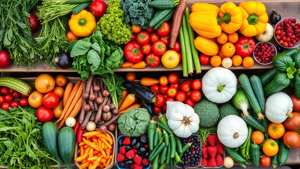 Overhead shot of fresh Amish produce display with vibrant vegetables, berries, and herbs arranged on wooden tables in natural daylight, showcasing farm-fresh quality and abundance without signage