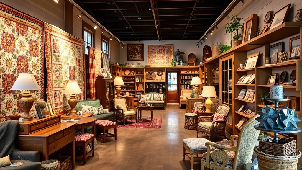 Interior view of artisanal goods section featuring handmade quilts, wooden furniture, and crafted items displayed throughout specialty retail space with warm lighting and traditional decor elements