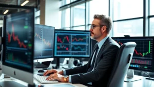 Professional investor analyzing stock charts on multiple computer monitors in modern office with financial data displays and trading platforms visible, focused analytical expression, daylight from windows