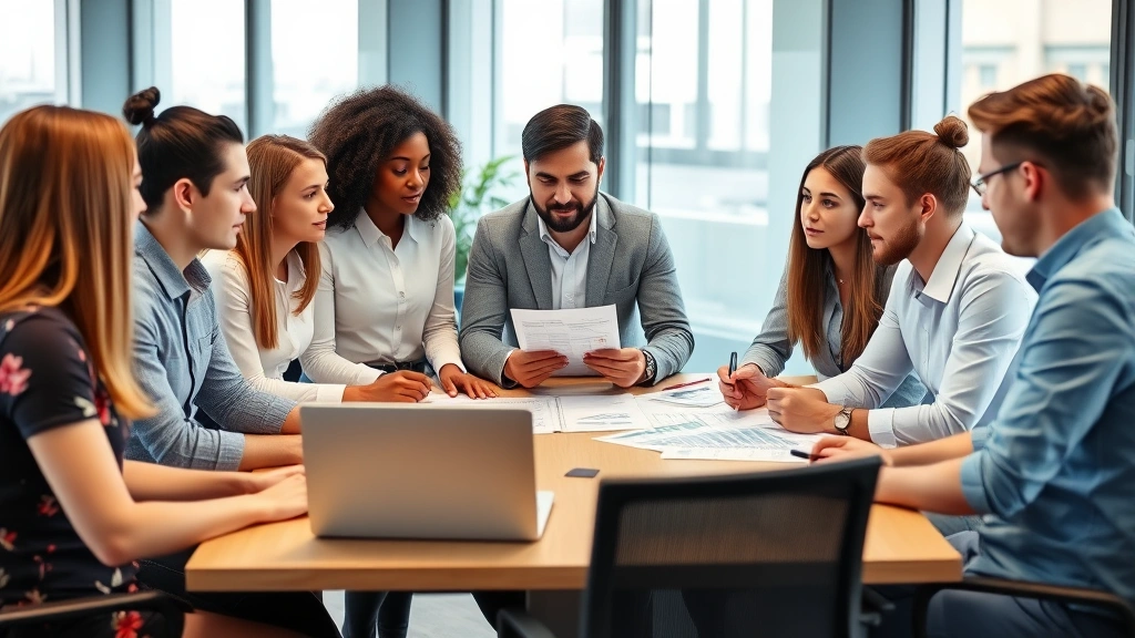 Diverse group of young professionals in business casual attire discussing investment strategy around a table with laptop and financial reports, collaborative atmosphere, modern office setting
