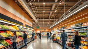 Professional grocery store interior with organized produce section, bright lighting, and customers shopping peacefully in a modern retail environment with clean aisles and well-stocked shelves