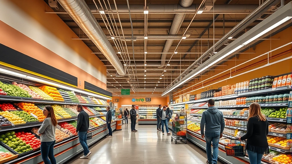 Professional grocery store interior with organized produce section, bright lighting, and customers shopping peacefully in a modern retail environment with clean aisles and well-stocked shelves