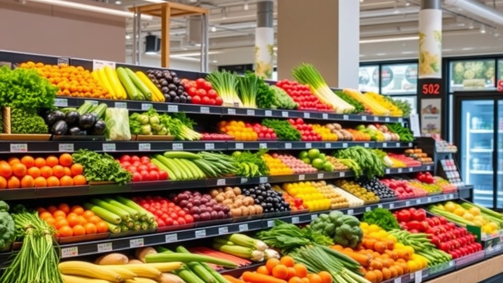 Fresh produce display featuring colorful vegetables and fruits arranged attractively on tiered shelving, with natural lighting highlighting product quality and variety in a contemporary grocery setting