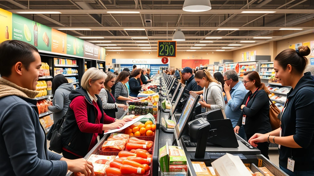 Busy grocery checkout area with multiple lanes, smiling cashiers assisting customers, modern point-of-sale systems, and efficient customer service in a clean, well-lit retail environment