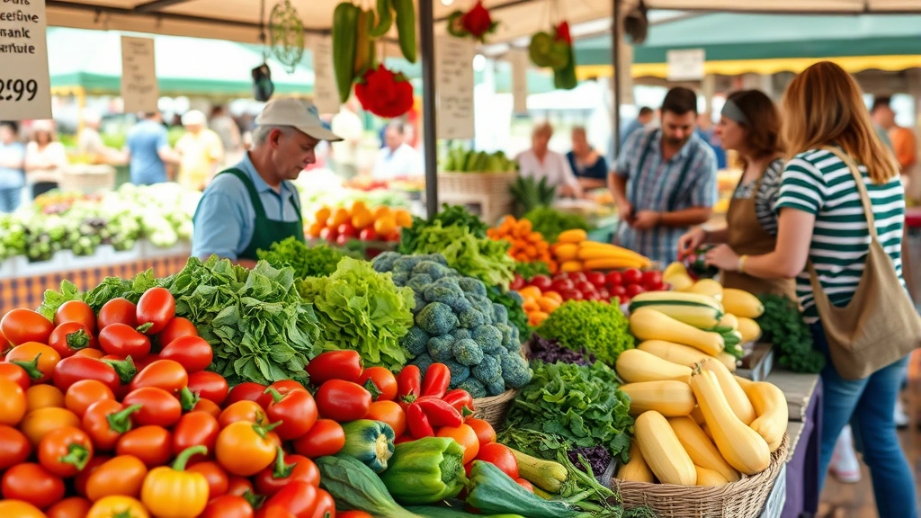 Vibrant farmers market stall with colorful fresh seasonal vegetables including tomatoes, peppers, lettuce, and squash with vendor and customers interacting