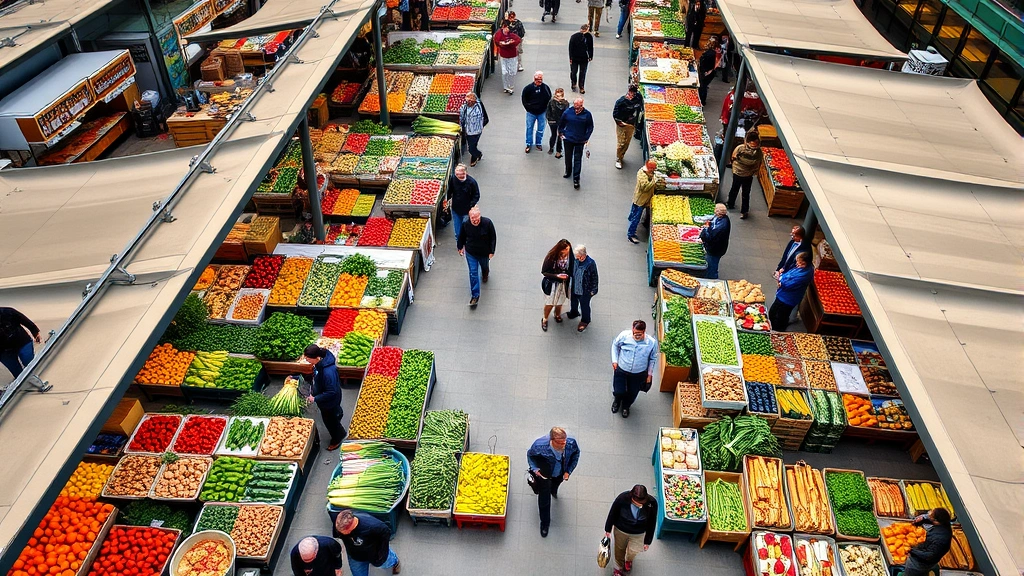 Wide overhead view of busy farmers market with multiple vendor booths displaying produce, prepared foods, and artisanal goods with shoppers browsing