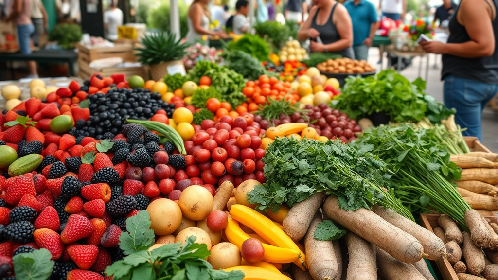 Close-up of farmers market abundance showing fresh berries, stone fruits, herbs, and root vegetables with customers selecting items