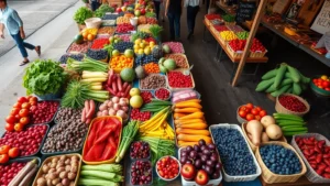 Overhead view of colorful farmers market produce display with fresh vegetables, berries, and seasonal fruits arranged on wooden tables, customers browsing in background, natural morning light, Wisconsin countryside aesthetic