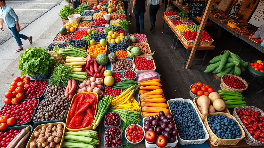 Overhead view of colorful farmers market produce display with fresh vegetables, berries, and seasonal fruits arranged on wooden tables, customers browsing in background, natural morning light, Wisconsin countryside aesthetic