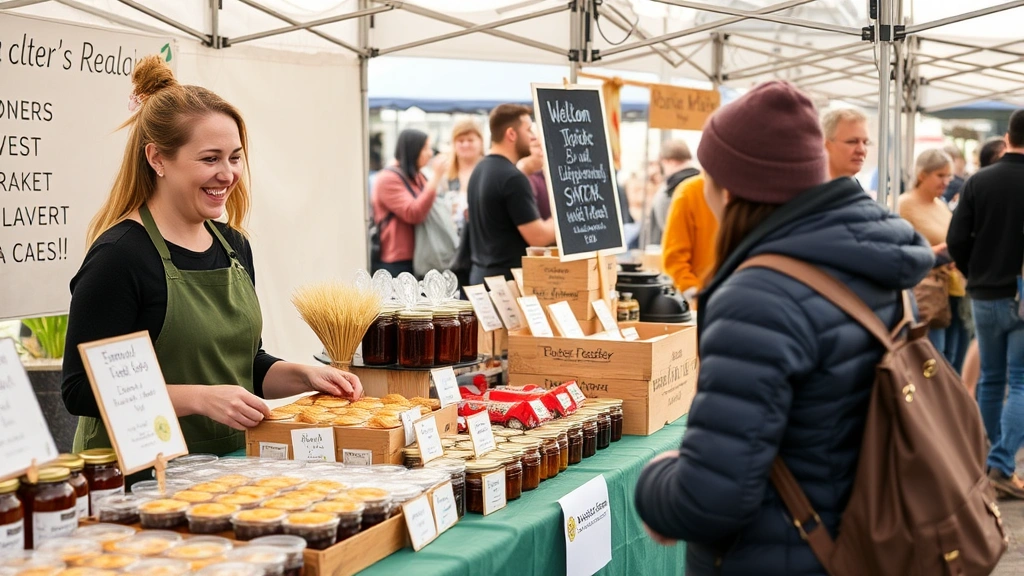Small business vendor at farmers market booth with organized product display, smiling while interacting with customer, fresh baked goods and preserves visible, professional booth setup with signage, community marketplace atmosphere