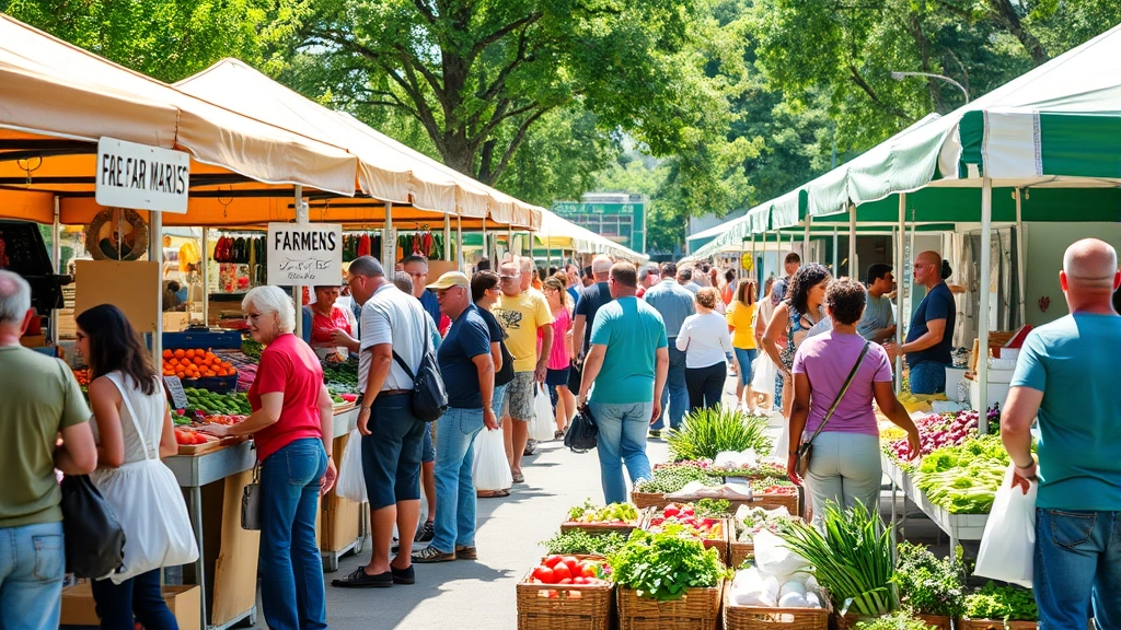 Busy farmers market scene with multiple vendor booths, diverse customers shopping, fresh produce and artisan goods displayed, community gathering space, sunny day with people carrying reusable bags and shopping baskets