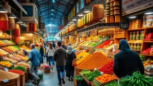 Bustling indoor Arabic market with colorful produce displays, bulk spice bins, and shoppers browsing fresh vegetables and fruits, professional market photography, warm lighting