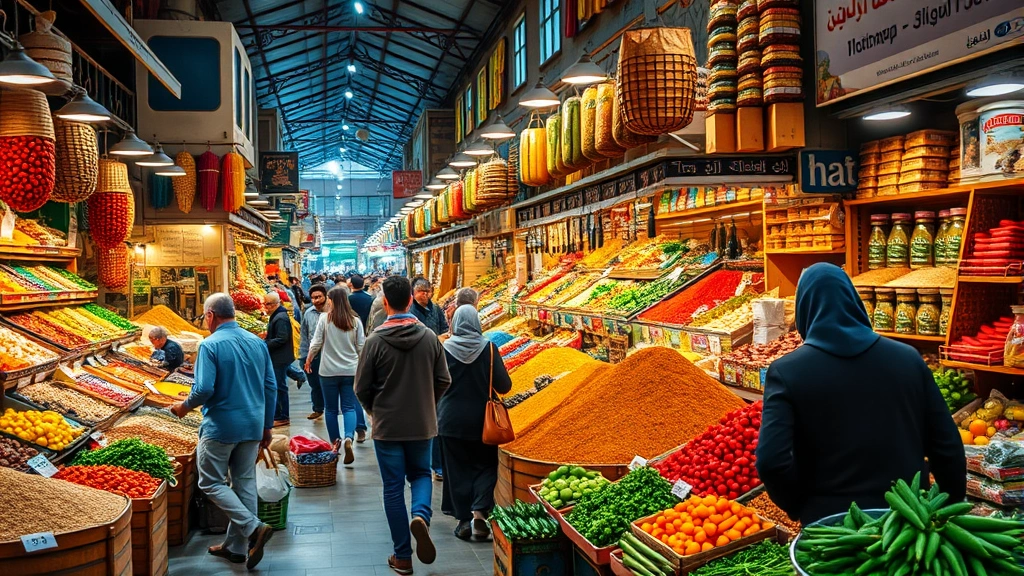 Bustling indoor Arabic market with colorful produce displays, bulk spice bins, and shoppers browsing fresh vegetables and fruits, professional market photography, warm lighting