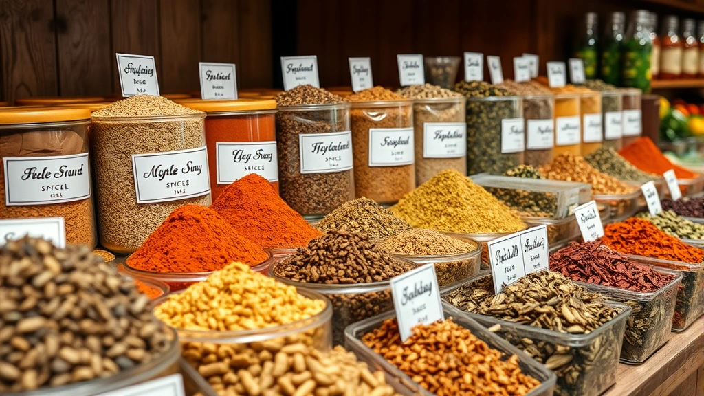 Close-up of traditional Middle Eastern spices in bulk containers with labels, dried herbs, and specialty ingredients arranged on wooden shelves, market retail display