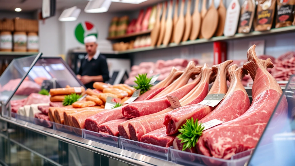 Halal butcher counter in Arabic market with fresh meats, professional butcher in background, glass display case, authentic market environment, professional retail setting