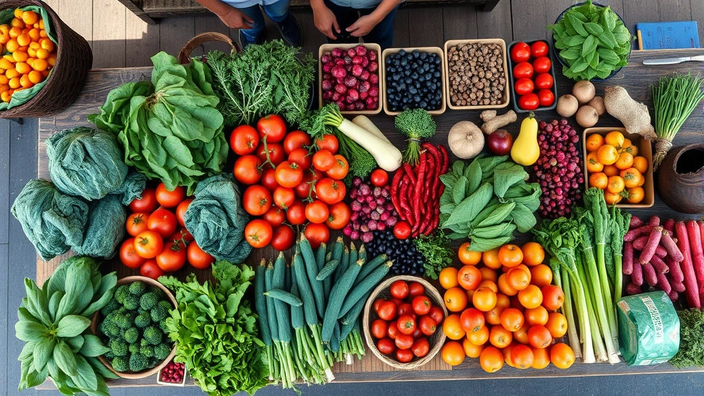 Overhead view of colorful fresh farmers market produce including ripe tomatoes, leafy greens, berries, and root vegetables arranged on rustic wooden tables with farmers standing behind their displays, natural daylight, vibrant market atmosphere