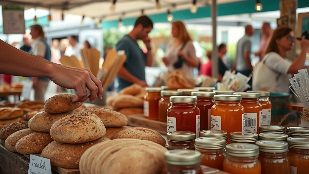 Close-up of vendor hands arranging artisanal products including fresh bread, honey jars, and local goods on market stand, customers browsing in background, authentic farmers market commerce moment