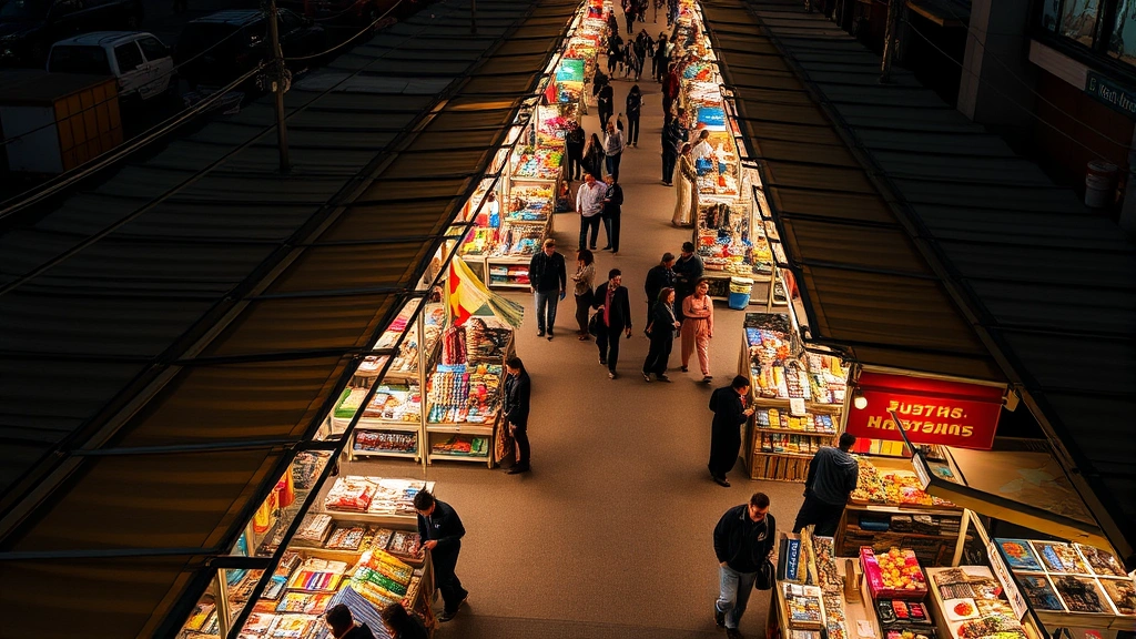 Overhead view of a bustling night market with multiple vendor booths displaying colorful products, customers browsing merchandise, warm evening lighting illuminating the marketplace