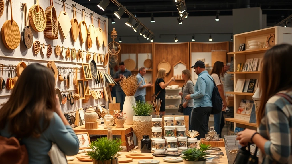 Close-up of a vendor booth featuring artisanal handmade goods with professional display lighting, organized product arrangement, and customers examining items, showcasing retail merchandising excellence