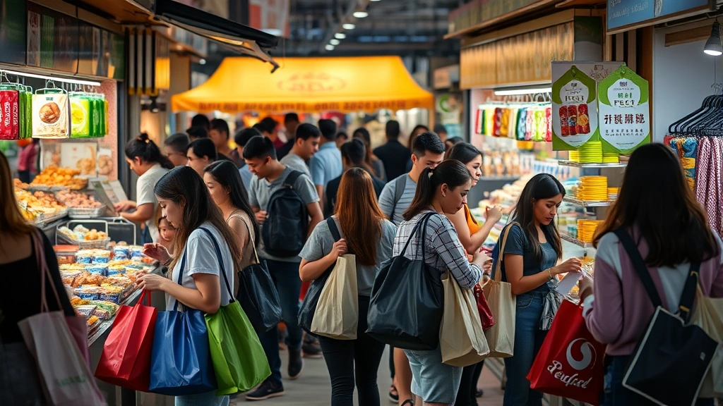 Diverse group of customers shopping at night market food and product vendors, carrying shopping bags, examining products, with vendor stalls in background featuring various merchandise categories