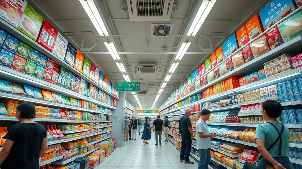 Wide angle view of a well-organized Korean grocery store interior with colorful product displays, multiple aisles stocked with packaged goods, bright fluorescent lighting, and diverse shoppers browsing merchandise. Focus on the organized shelving and variety of products visible.