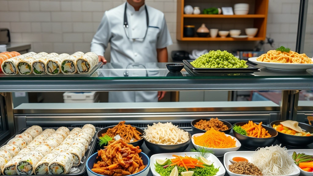 Professional shot of a prepared foods deli counter with glass display cases containing kimbap rolls, bulgogi, japchae, and various banchan side dishes. Staff member in clean white apron visible behind counter, professional food presentation, appetizing arrangement of colorful dishes.