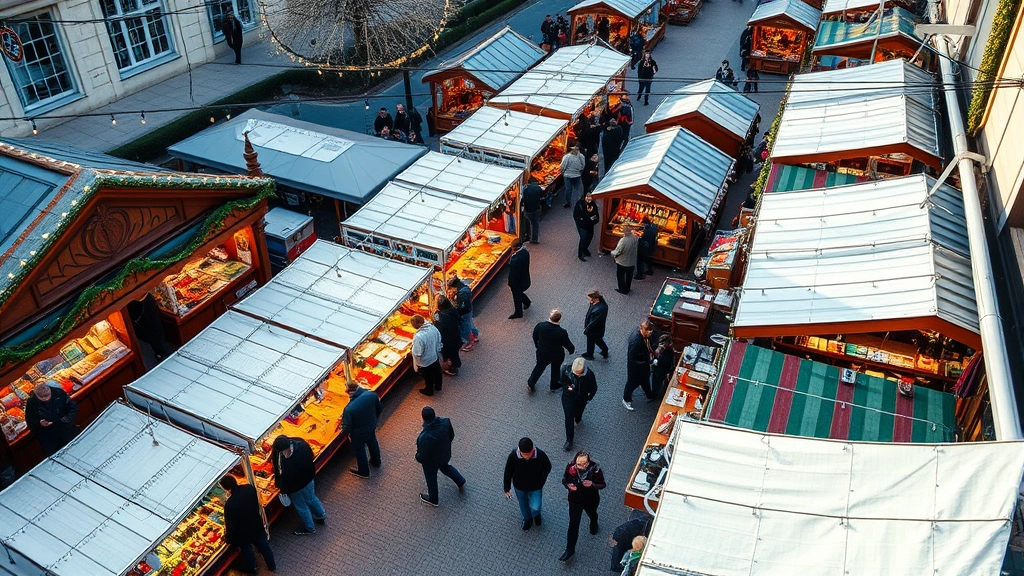 Professional overhead view of bustling outdoor Christmas market with multiple vendor booths displaying handmade crafts, holiday decorations, and artisan products, customers shopping and browsing, festive atmosphere with string lights and seasonal decorations, clear daytime lighting