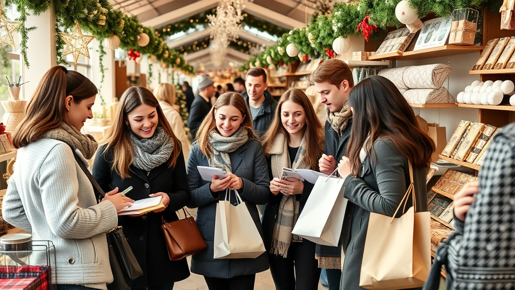 Diverse group of customers at Christmas market examining specialty products at vendor booth, holding shopping bags and making purchases, smiling and engaged, natural daylight, professional retail environment with organized product displays