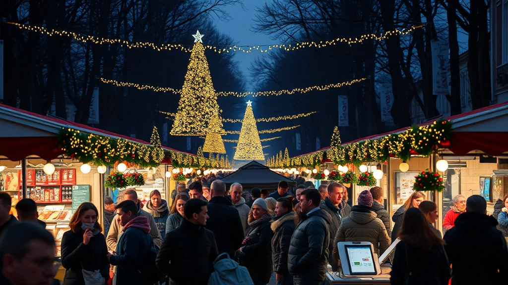 Crowded evening Christmas market scene with vendor booths, holiday lighting, customers walking and shopping, festive atmosphere, professional event setup with clear organization and modern point-of-sale systems visible at vendor stations