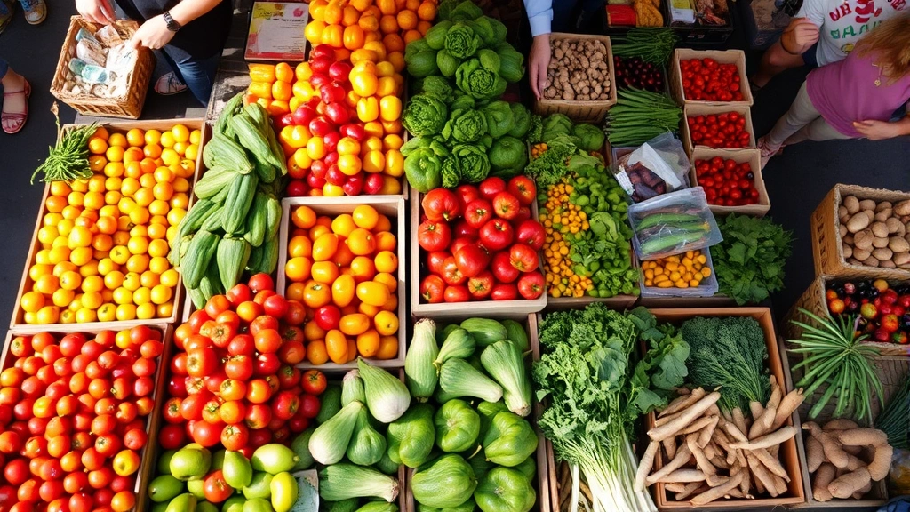Overhead view of colorful fresh produce displays at a farmers market with vibrant tomatoes, peppers, leafy greens, and root vegetables arranged in wooden crates and baskets, natural sunlight highlighting the produce quality and freshness, busy shopping environment with customers browsing
