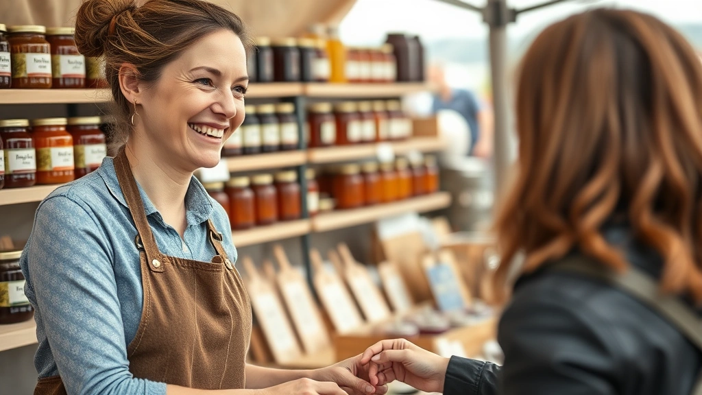 Close-up of a female vendor smiling while serving a customer at a farmers market stall, displaying artisanal products like jars of jam, honey, and preserves on shelves behind her, friendly face-to-face interaction demonstrating relationship-building and customer engagement