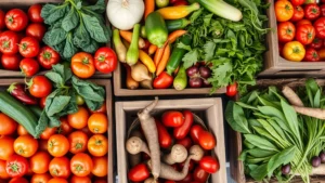 Close-up overhead shot of farmers market vegetable stand with colorful seasonal produce including tomatoes, peppers, leafy greens, and root vegetables in wooden crates and baskets, morning natural light